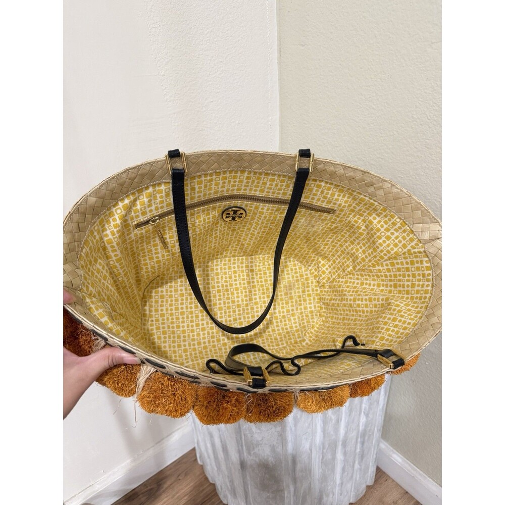Tory Burch Pom Pom Straw Beach Basket Tote Women Handbag Pre-loved - Picture 5 of 16